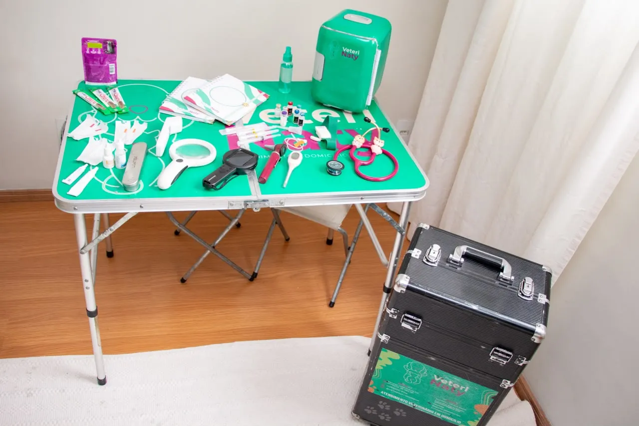Mesa com o kit de atendimento veterinário domiciliar da VeteriNaty: estetoscópio, otoscópio e materiais de consulta